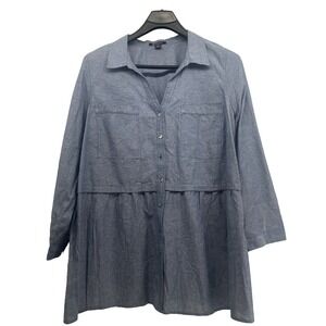 Roaman's Blue Chambray Top Women's 24 Button Down Babydoll Lagenlook 100% Cotton